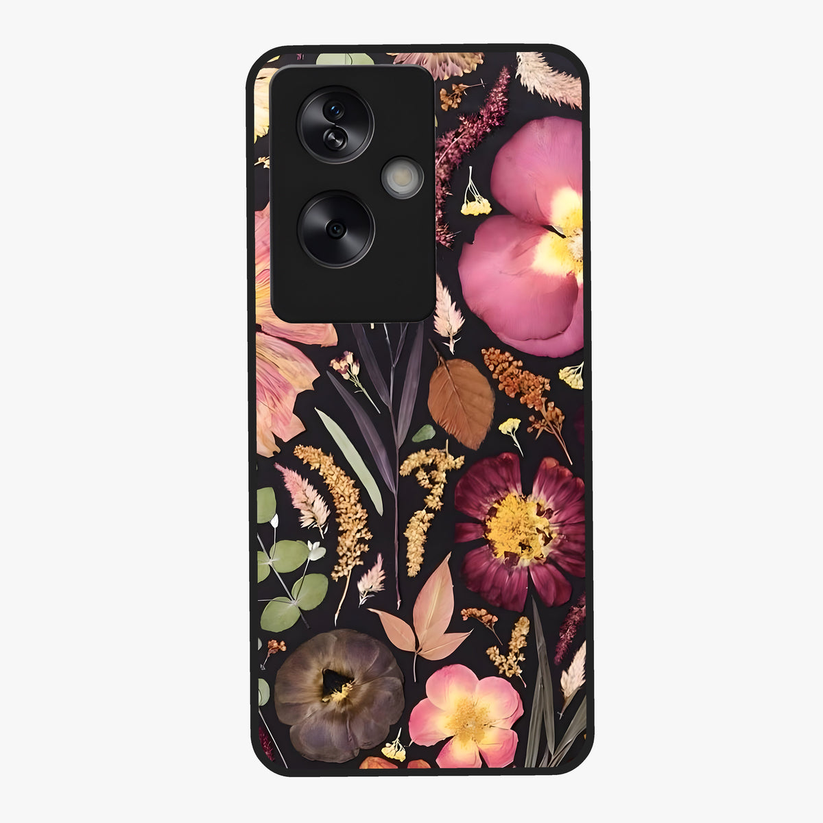 Petal Dream Tapestry Glass Case showing flat back view with intricate floral tapestry artwork and glossy glass finish.