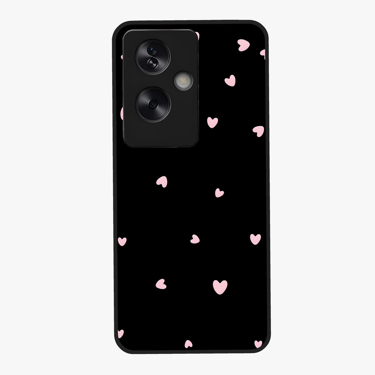 Pink Love Drops Glass Case showing flat back view with playful pink heart drops artwork and glossy glass finish.