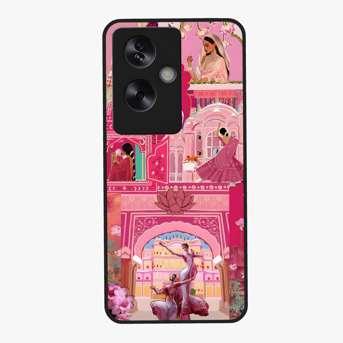 Pink Palace Muse Glass Case showing flat back view with elegant palace inspired artwork and glossy glass finish.