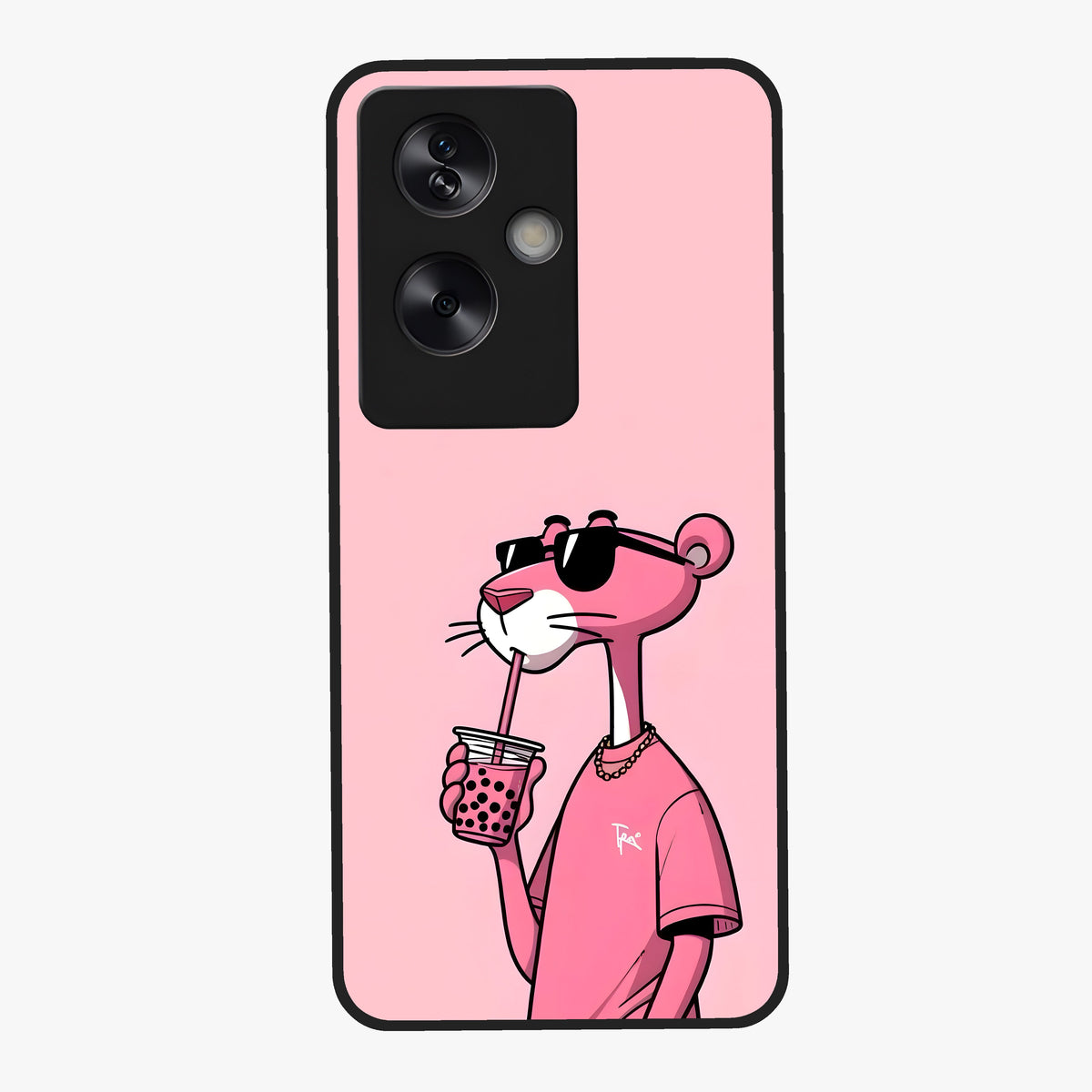 Pink Panther Glass Case showing flat back view with iconic pink panther artwork and glossy glass finish.