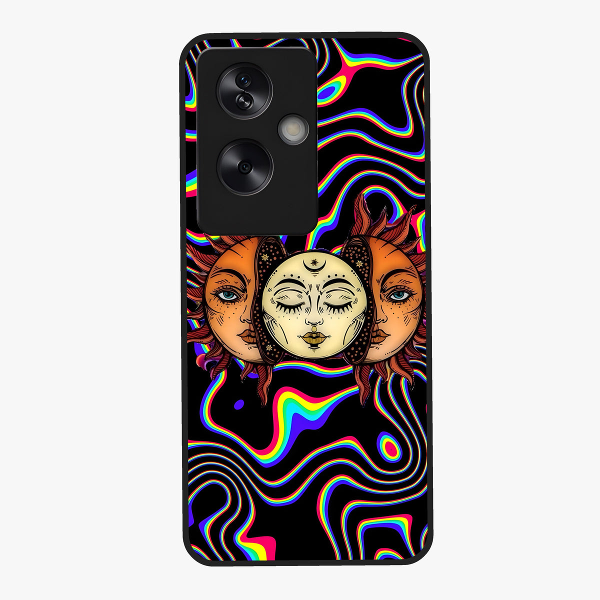 Psychedelic Sun Glass Case showing flat back view with colorful psychedelic sun artwork and glossy glass finish.