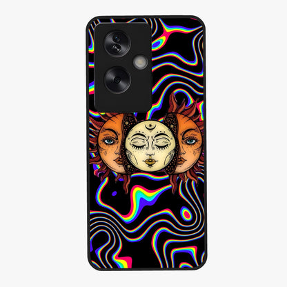 Psychedelic Sun Glass Case showing flat back view with colorful psychedelic sun artwork and glossy glass finish.