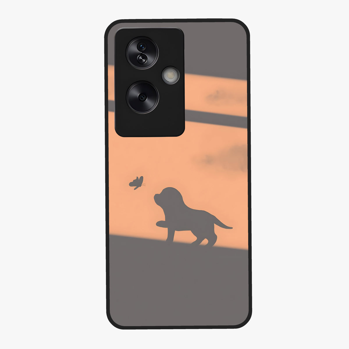Puppy Shadow Art Glass Case showing flat back view with cute puppy shadow style artwork and glossy glass finish.