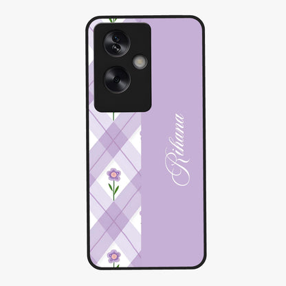 Purple Diamond Floral Glass Case showing flat back view with diamond shaped floral artwork and glossy glass finish.