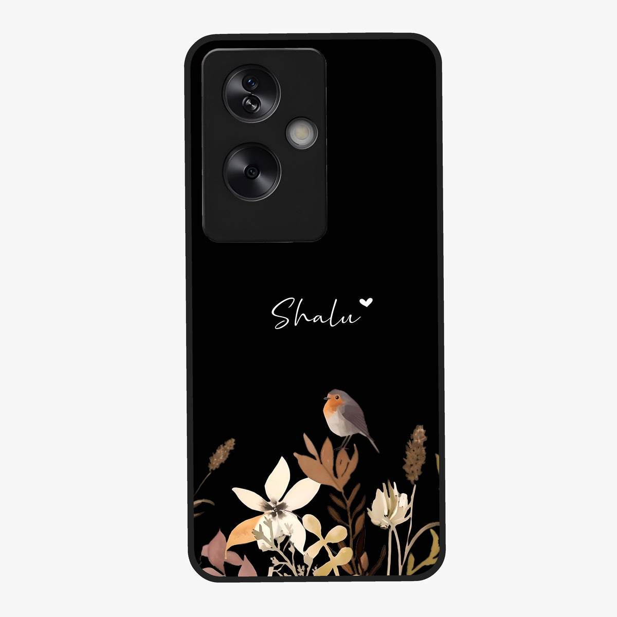 Quiet Garden Tune Custom Name Glass Case showing flat back view with peaceful garden artwork and personalized name design.