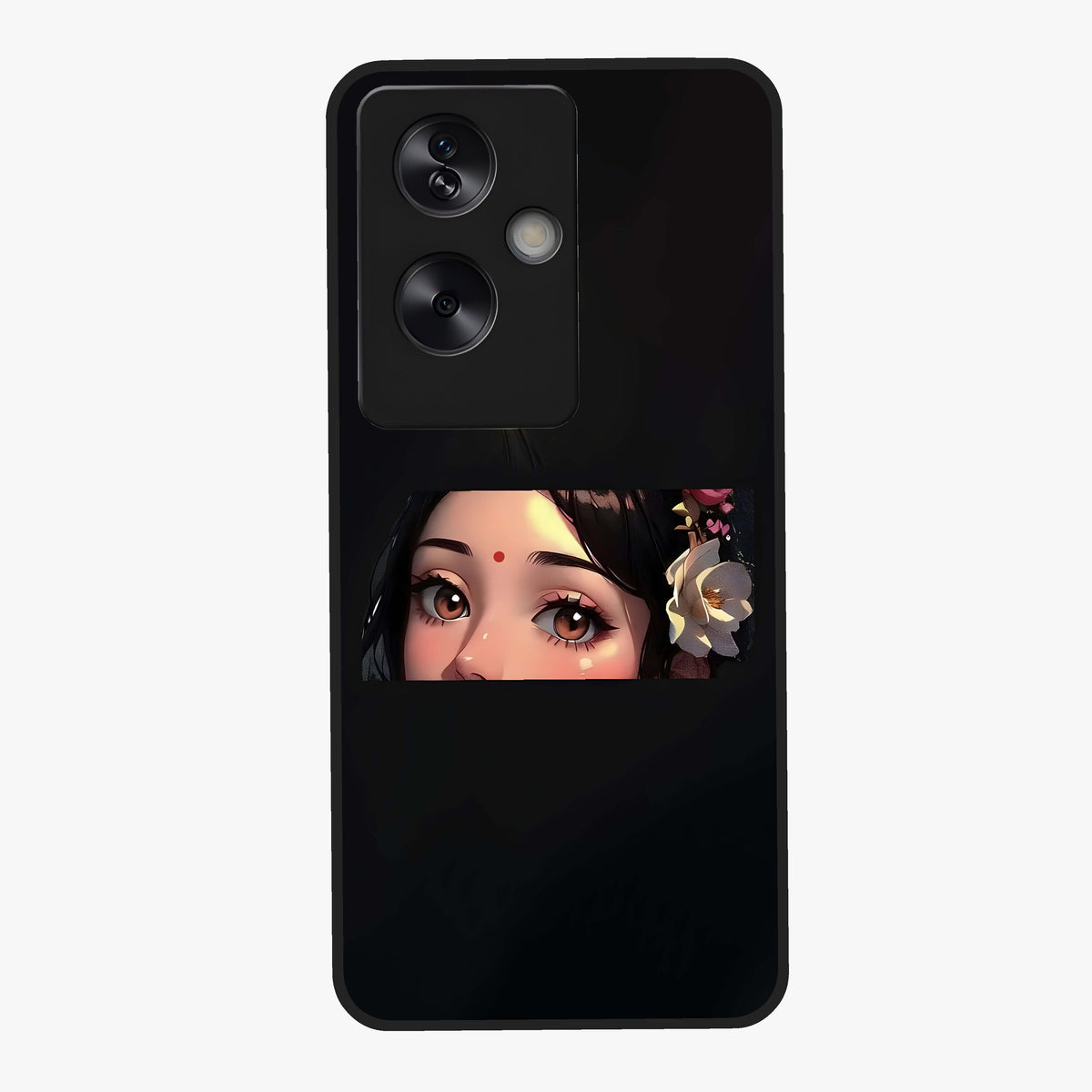 Radha Divine Embrace Glass Case showing flat back view with devotional Radha artwork and glossy glass finish.