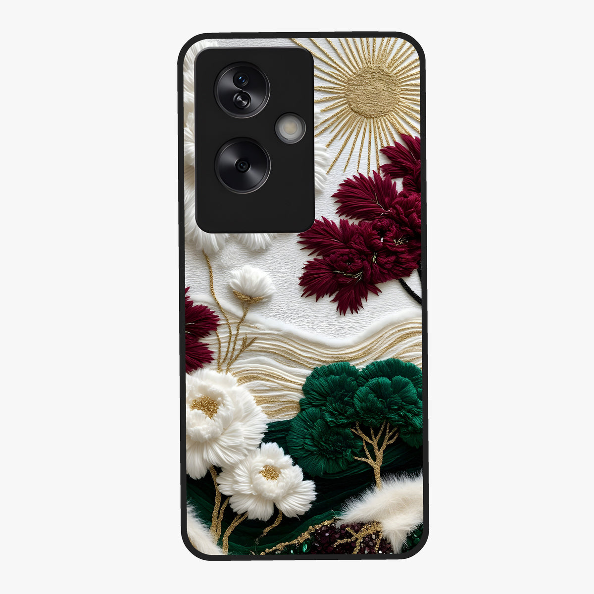 Radiant Bloom Elegance Glass Case showing flat back view with elegant blooming flower artwork and glossy glass finish.