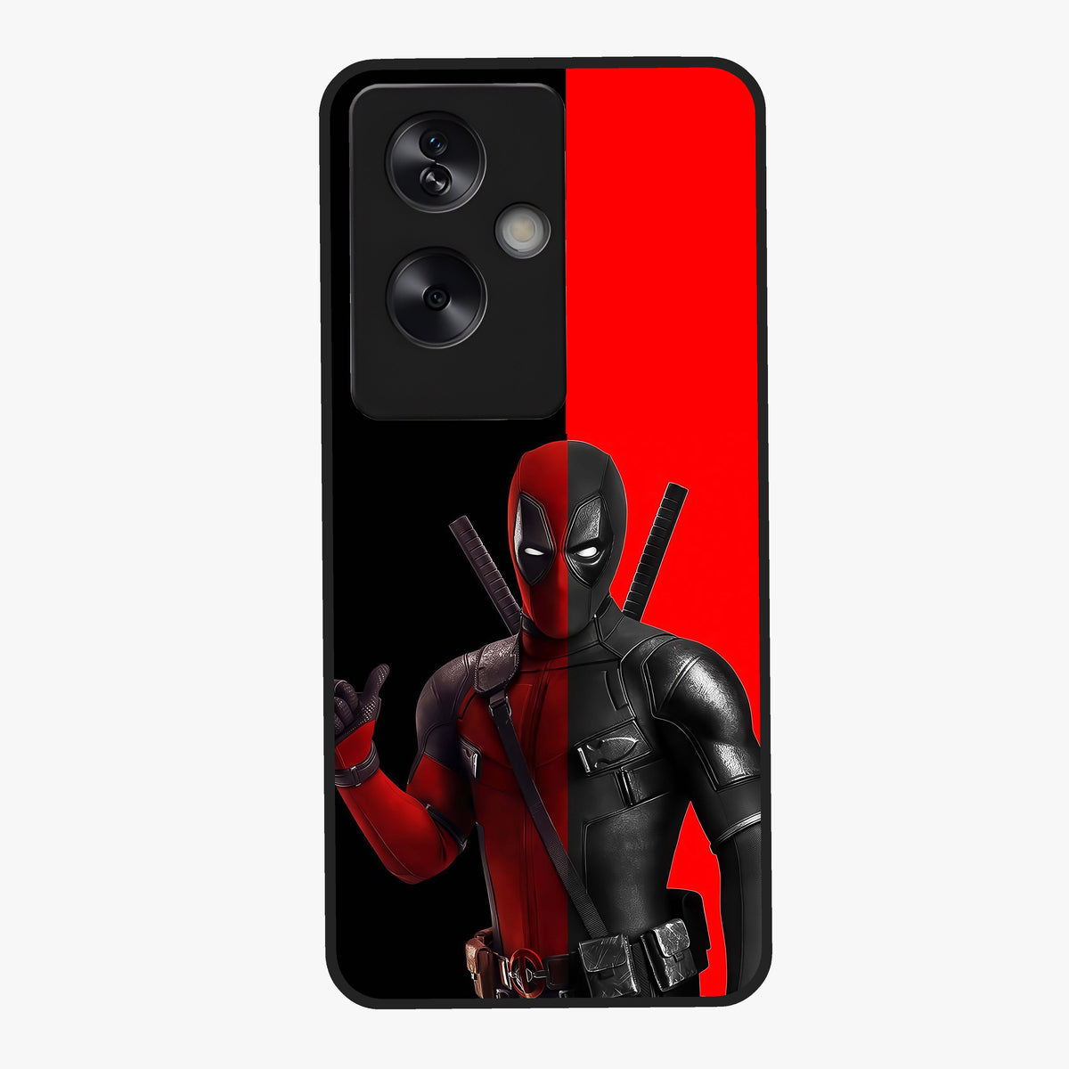 Red & Black Deadpool Theme Glass Case showing flat back view with bold comic inspired artwork and glossy glass finish.