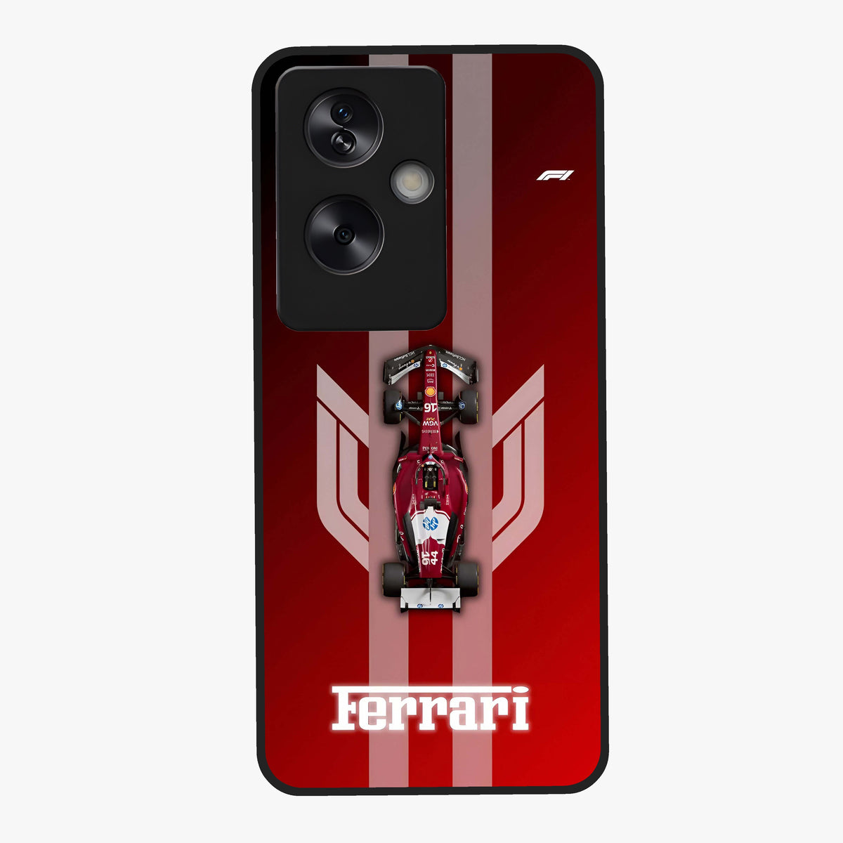 Red Ferrari F1 Vertical Glass Case showing flat back view with sleek Formula racing car artwork and glossy glass finish.