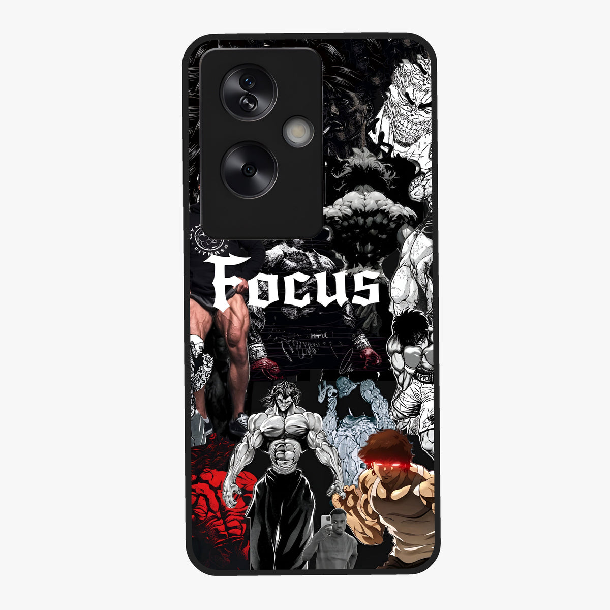 Relentless Power Focus Glass Case showing flat back view with motivational typography artwork and glossy glass finish.