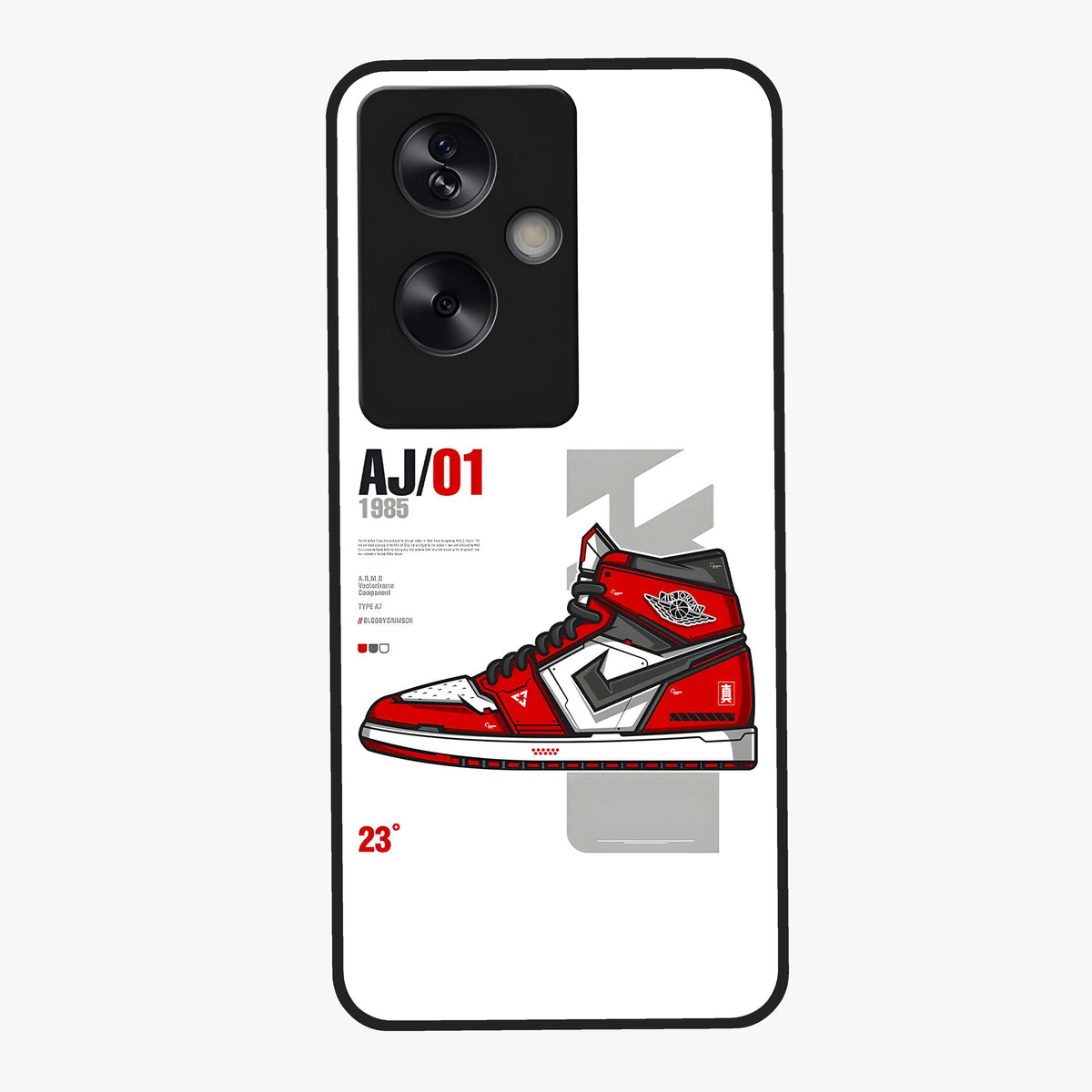 Retro Sneaker Blueprint Glass Case showing flat back view with sneaker blueprint style artwork and glossy glass finish.