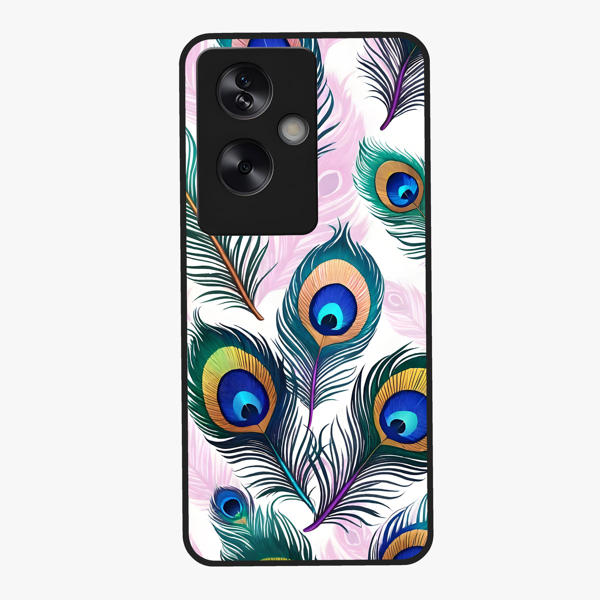 Royal Peacock Feathers Glass Case showing flat back view with colorful peacock feather artwork and glossy glass finish.