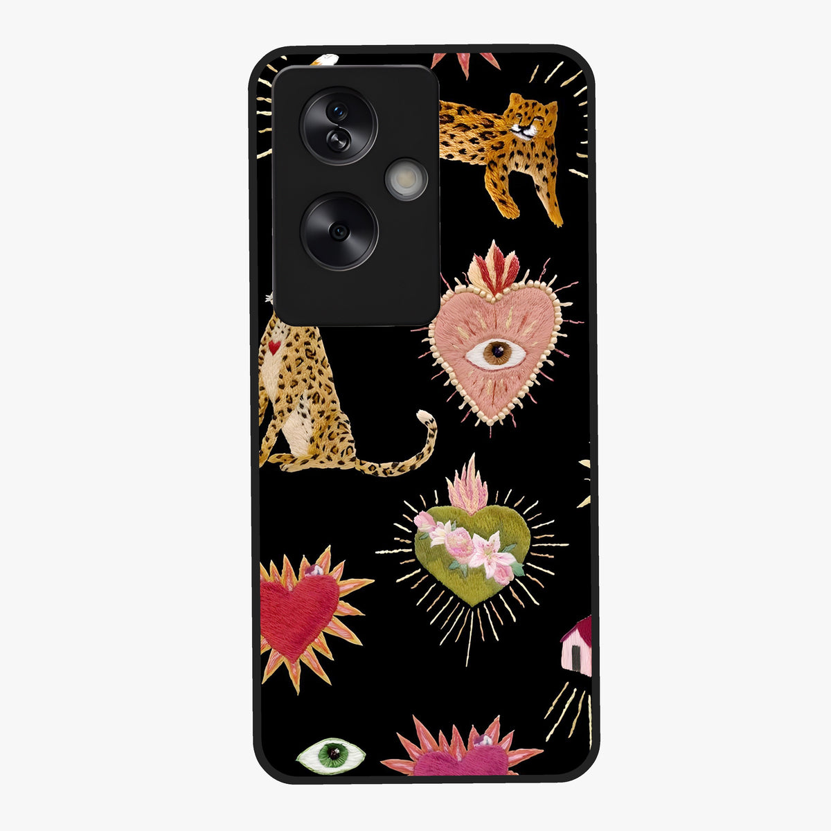 Sacred Jungle Heart Glass Case showing flat back view with jungle inspired heart artwork and glossy glass finish.