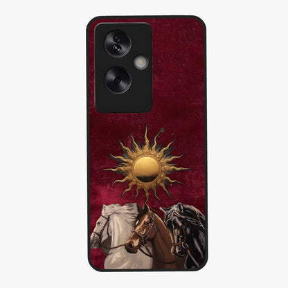 Solar Riders Glass Case showing flat back view with dynamic rider themed artwork and glossy glass finish.