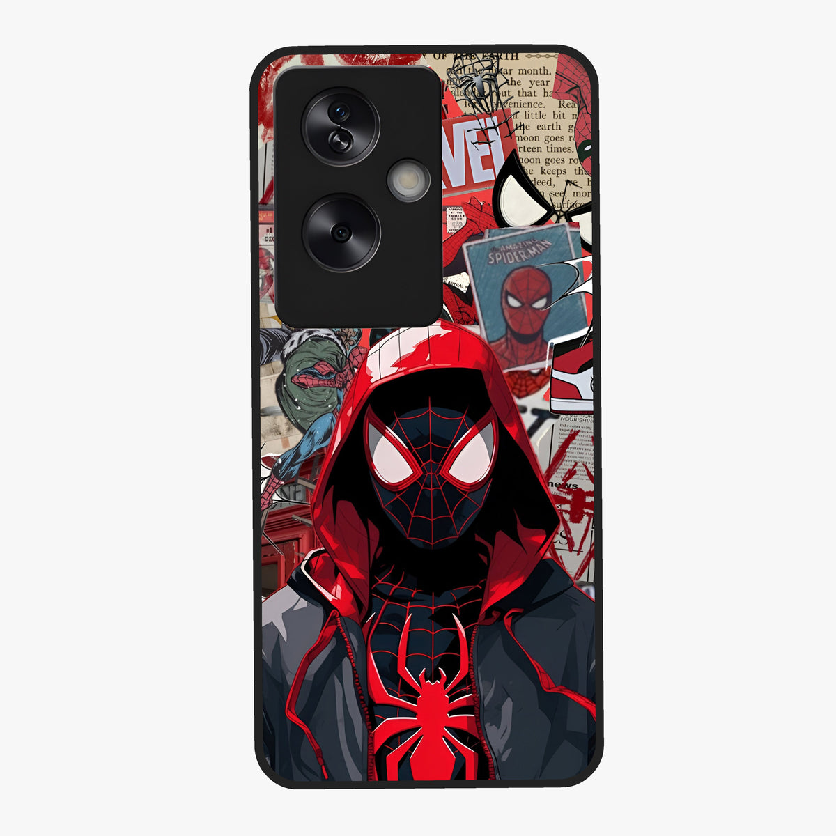 Spider Collage Street Glass Case showing flat back view with vibrant superhero collage artwork and glossy glass finish.