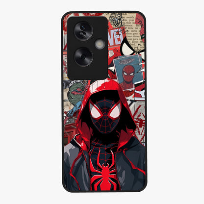 Spider Collage Street Glass Case showing flat back view with vibrant superhero collage artwork and glossy glass finish.
