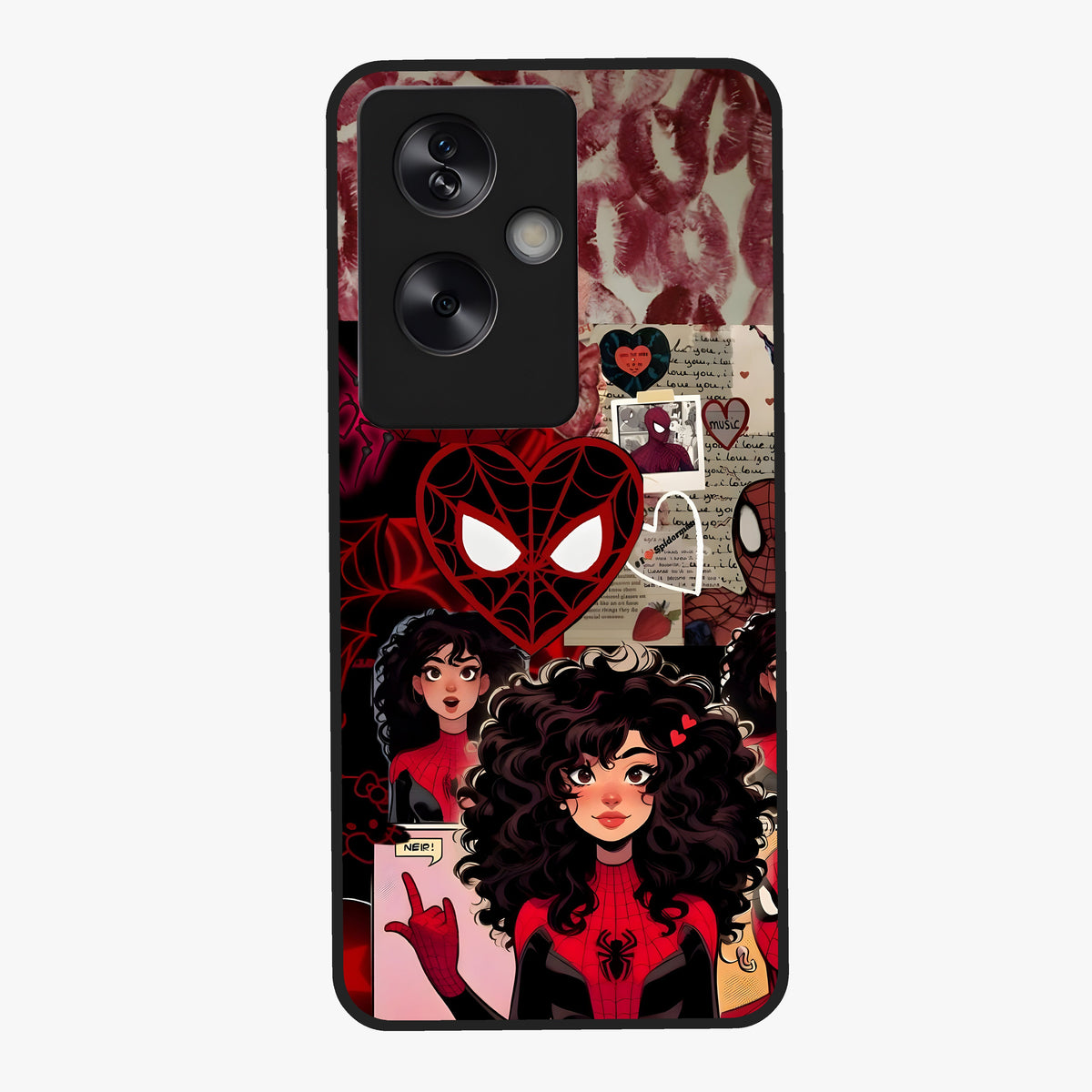 Spider Love Story Glass Case showing flat back view with romantic superhero themed artwork and glossy glass finish.