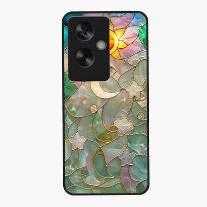 Stained Sunrise Glow Glass Case showing flat back view with glowing sunrise stained pattern artwork and glossy glass finish.