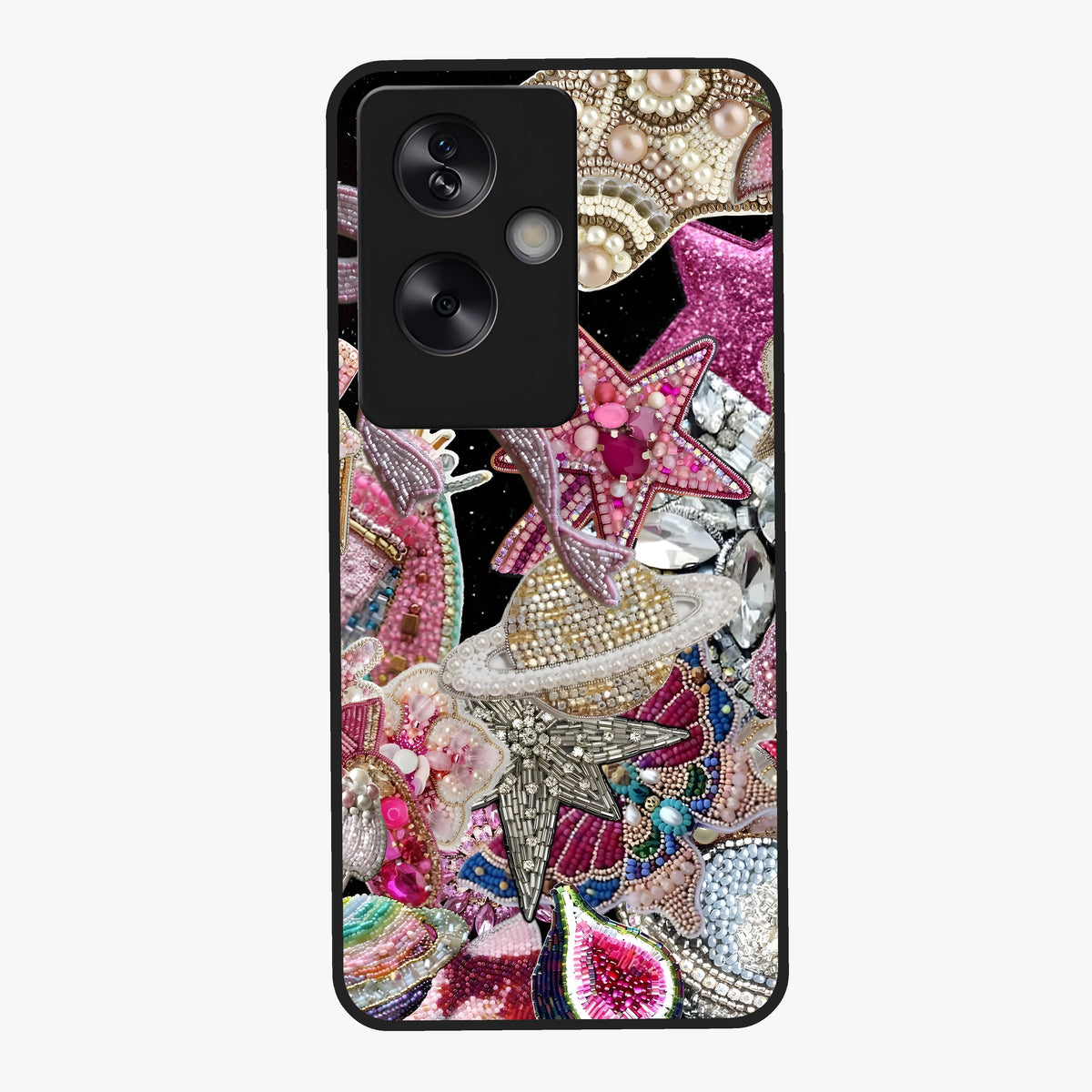 Starlit Jewel Dream Glass Case showing flat back view with sparkling jewel and star themed artwork and glossy glass finish.