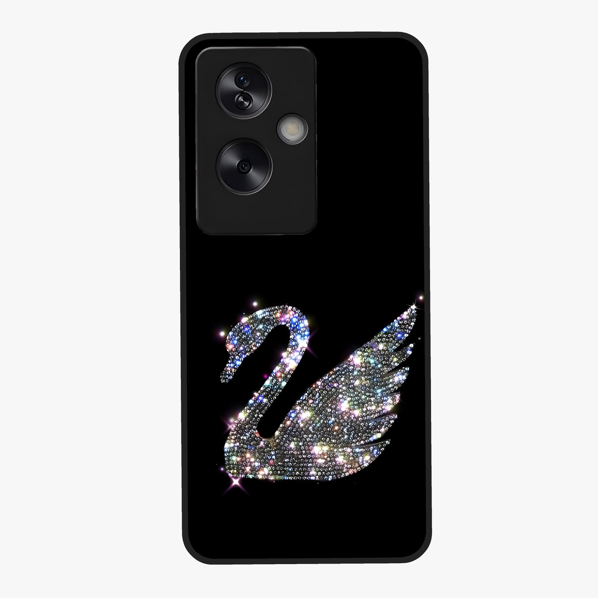 Starlit Swan Grace Glass Case showing flat back view with graceful swan artwork under starry sky and glossy glass finish.