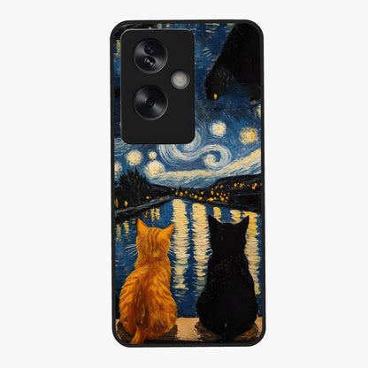 Starry River Cats Glass Case showing flat back view with cats by a starry river artwork and glossy glass finish.