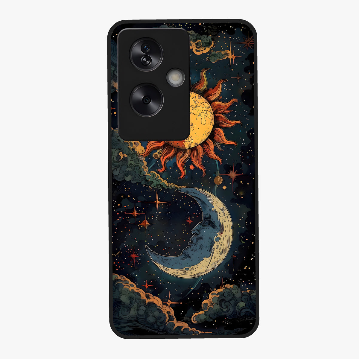Sun And Moon Magic Design Glass Case showing flat back view with mystical sun and moon artwork and glossy glass finish.