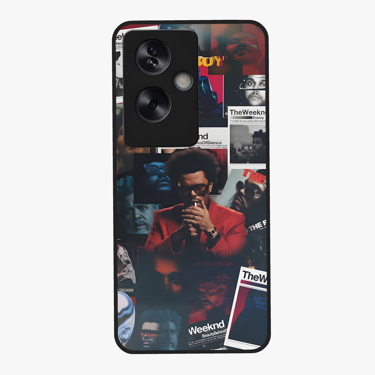 The Weeknd Glass Case showing flat back view with music inspired artistic portrait artwork and glossy glass finish.