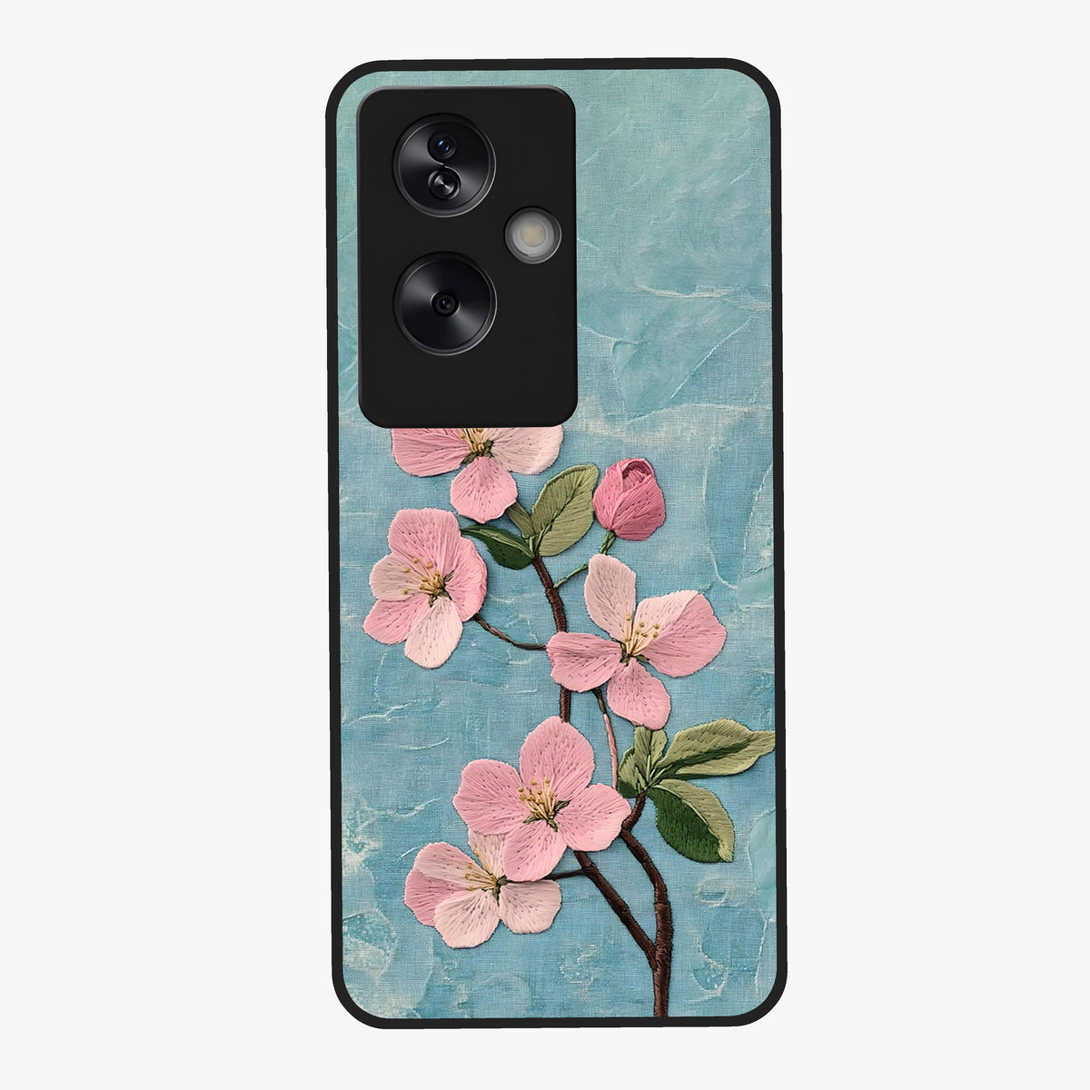 Threaded Blossom Breeze Glass Case showing flat back view with delicate blossom artwork and glossy glass finish.