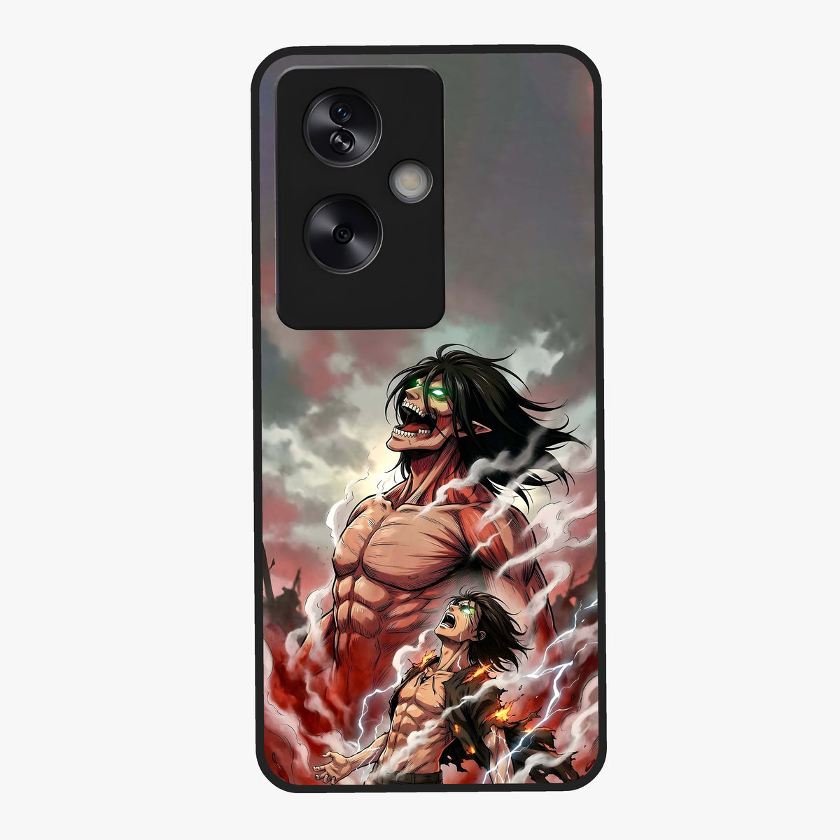 Titan Awakening Fury Glass Case showing flat back view with powerful titan inspired artwork and glossy glass finish.