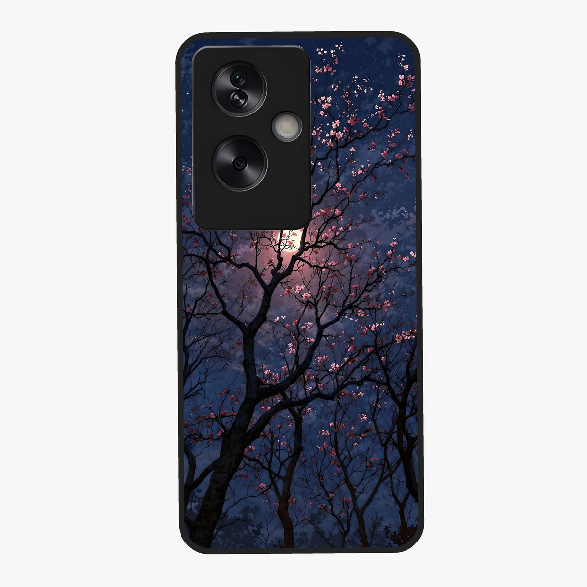 Twilight Sakura Serenade Glass Case showing flat back view with cherry blossom artwork at twilight and glossy glass finish.