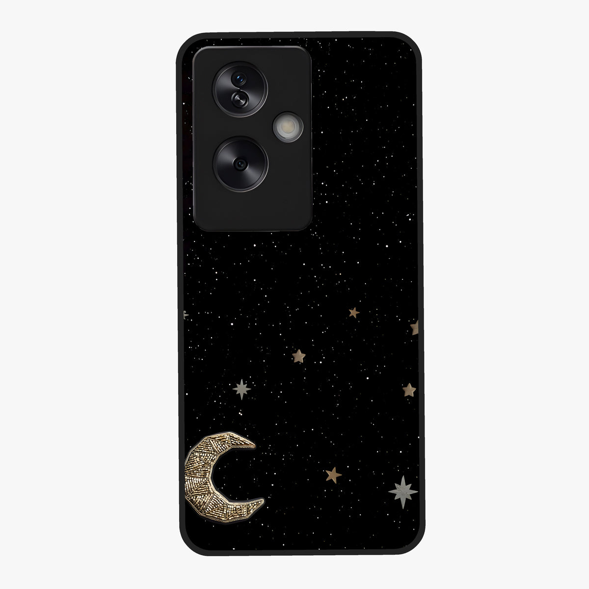 Twinkle Star With Half Moon Glass Case showing flat back view with star and half moon artwork and glossy glass finish.