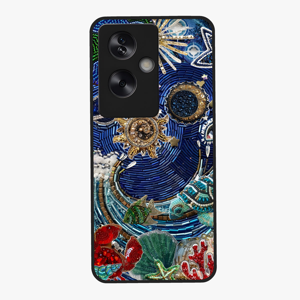 Universe Underwater Spark Glass Case showing flat back view with cosmic underwater themed artwork and glossy glass finish.