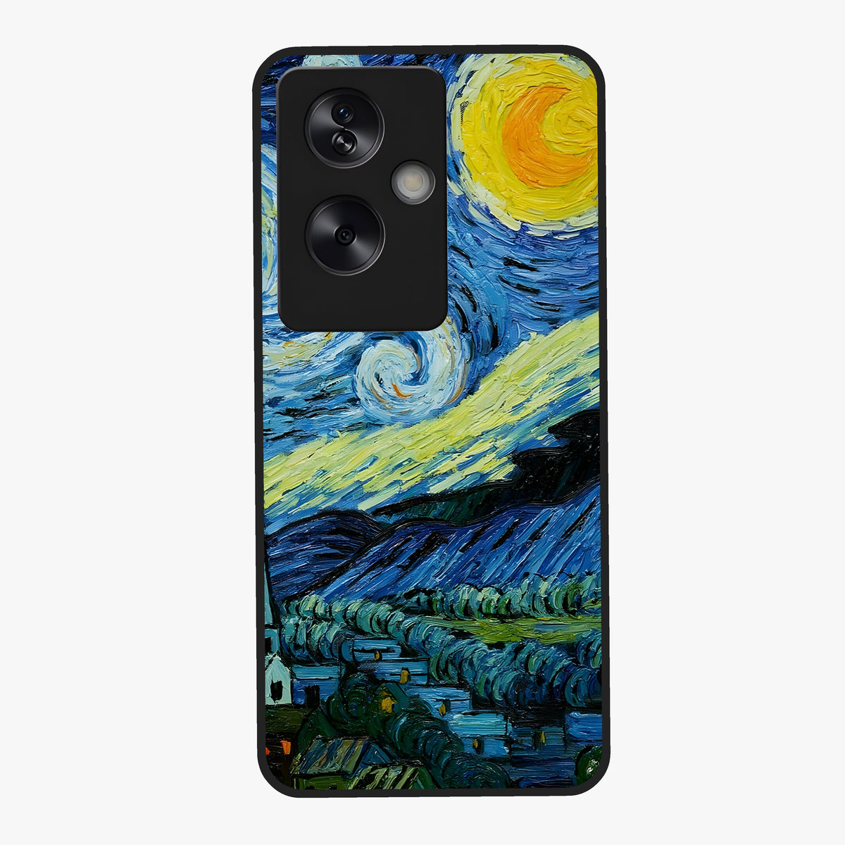 Van Gogh Art Glass Case showing flat back view with classic painterly artwork inspired by Van Gogh style and glossy glass finish.