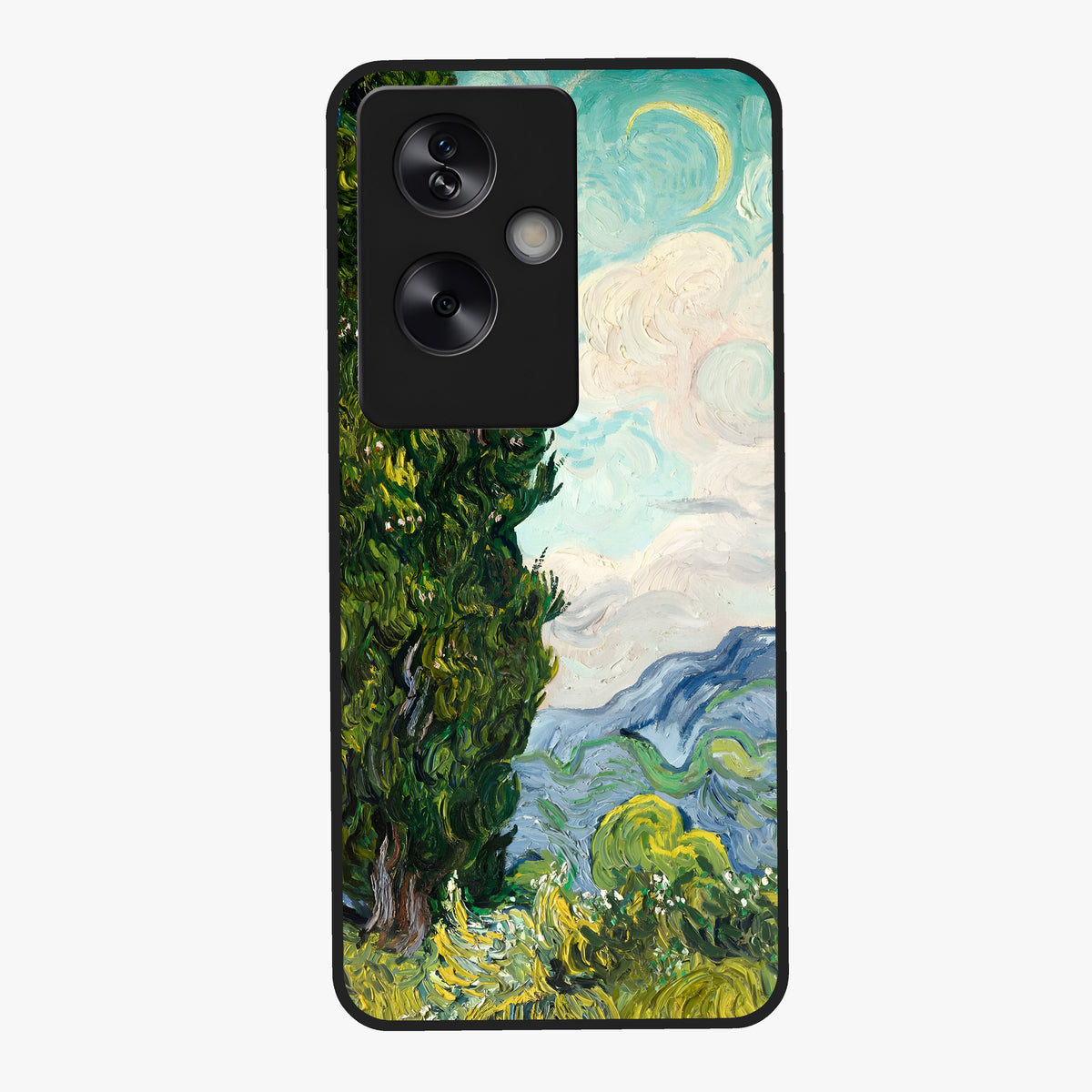 Van Gogh Vintage Art Glass Case showing flat back view with vintage painterly artwork inspired by Van Gogh style and glossy glass finish.