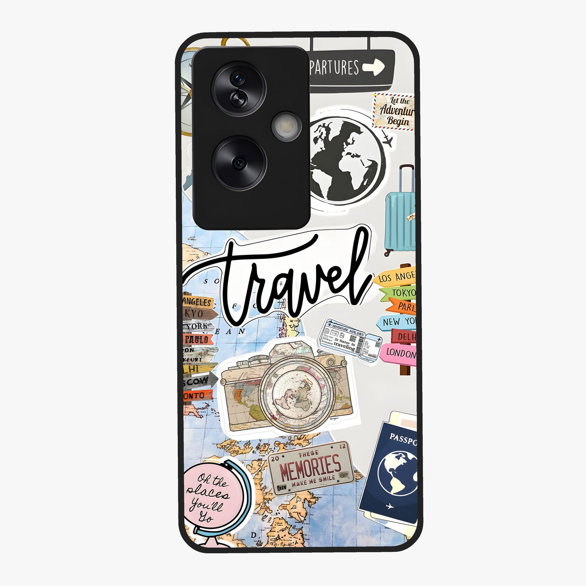 Wanderlust Journal Glass Case showing flat back view with travel inspired artwork and glossy glass finish.