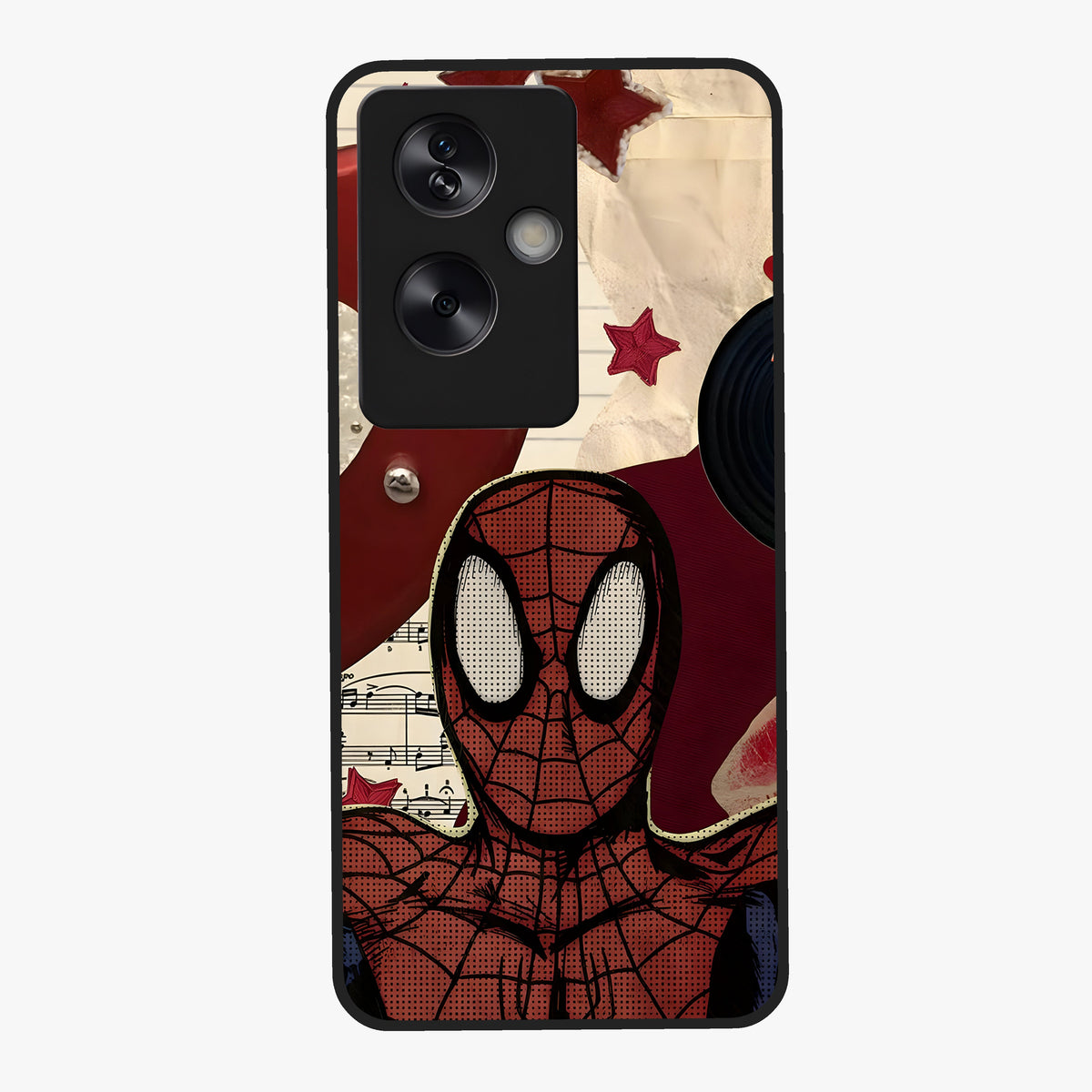 Web Warrior Vibes Glass Case showing flat back view with superhero inspired web themed artwork and glossy glass finish.