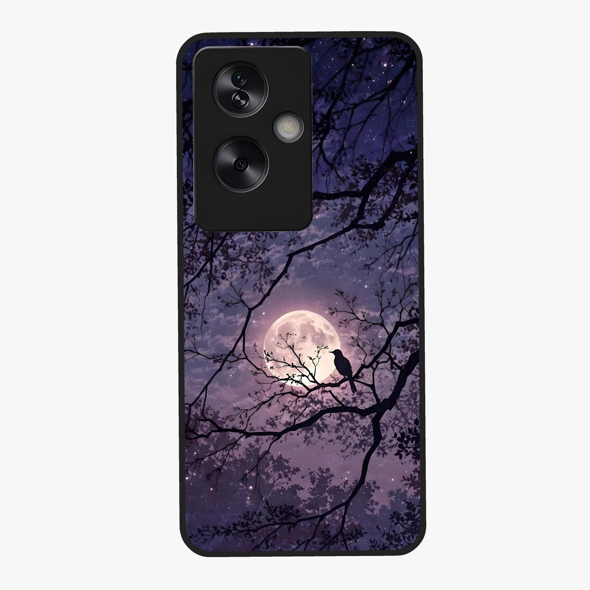 Whispering Moon Silence Glass Case showing flat back view with serene moon themed artwork and glossy glass finish.