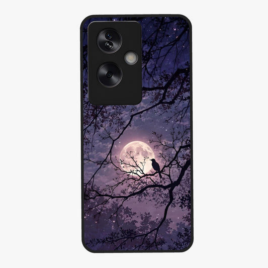 Whispering Moon Silence Glass Case showing flat back view with serene moon themed artwork and glossy glass finish.