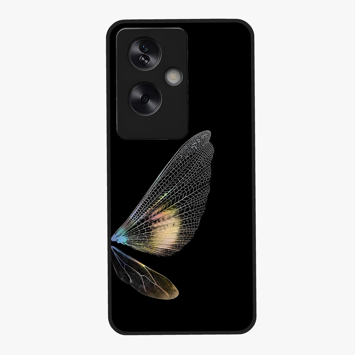 Whispers Of Wings Glass Case showing flat back view with graceful wing inspired artwork and glossy glass finish.