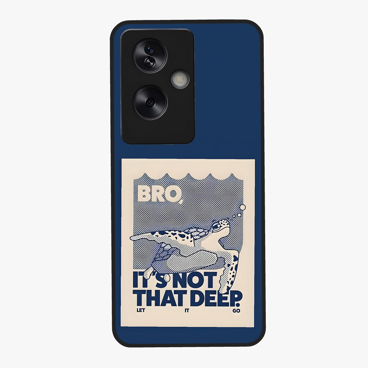 Worry Less Swim Glass Case showing flat back view with playful motivational artwork and glossy glass finish.