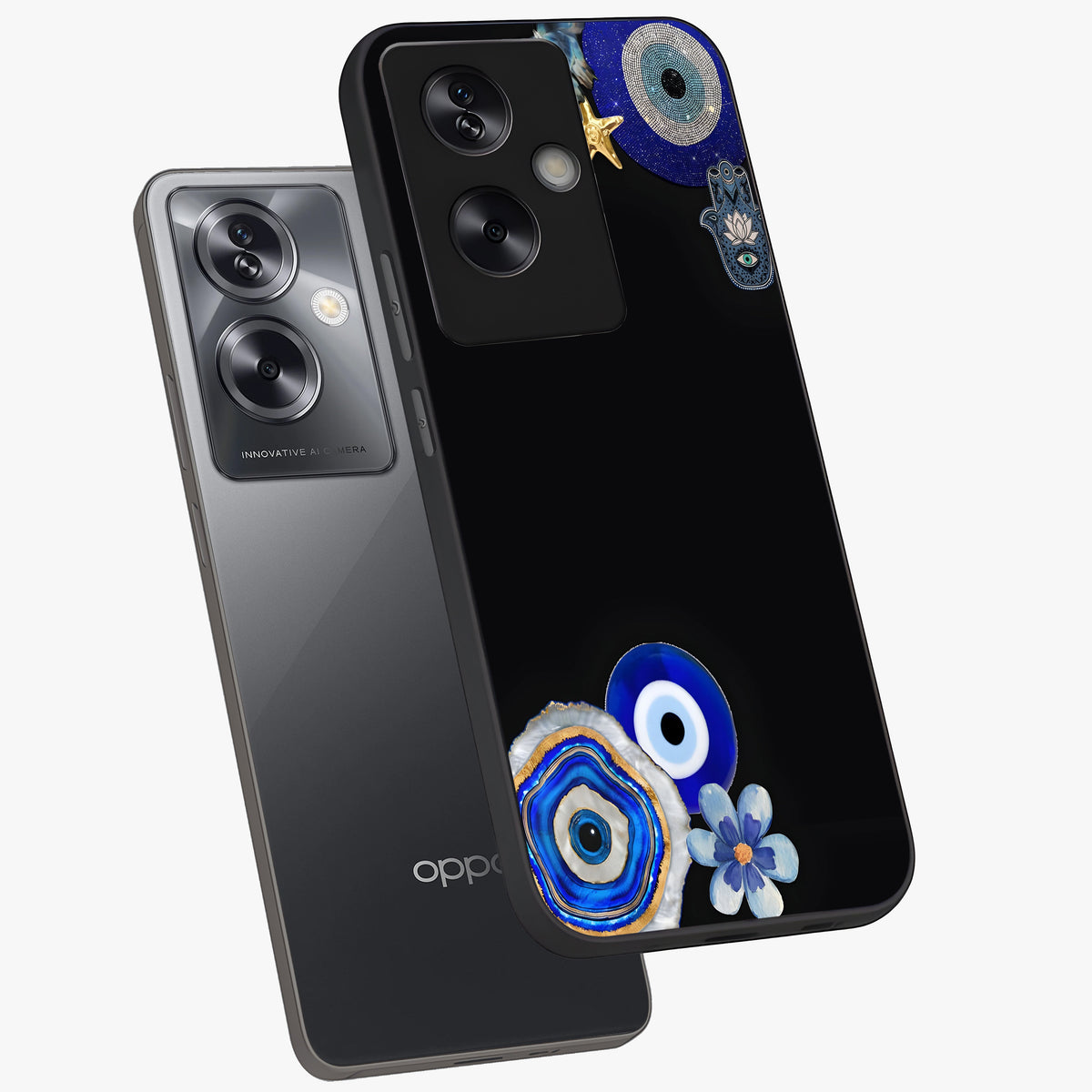 Aesthetic Blue Evil Eye Glass Case displayed in angled mockup highlighting blue evil eye symbol and spiritual aesthetic design.