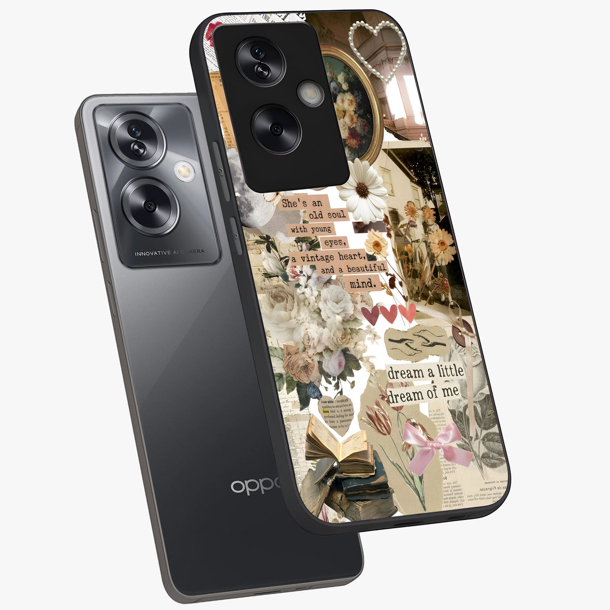 Aesthetic Brown Vintage Collage Glass Case displayed in angled mockup highlighting vintage aesthetic collage design.