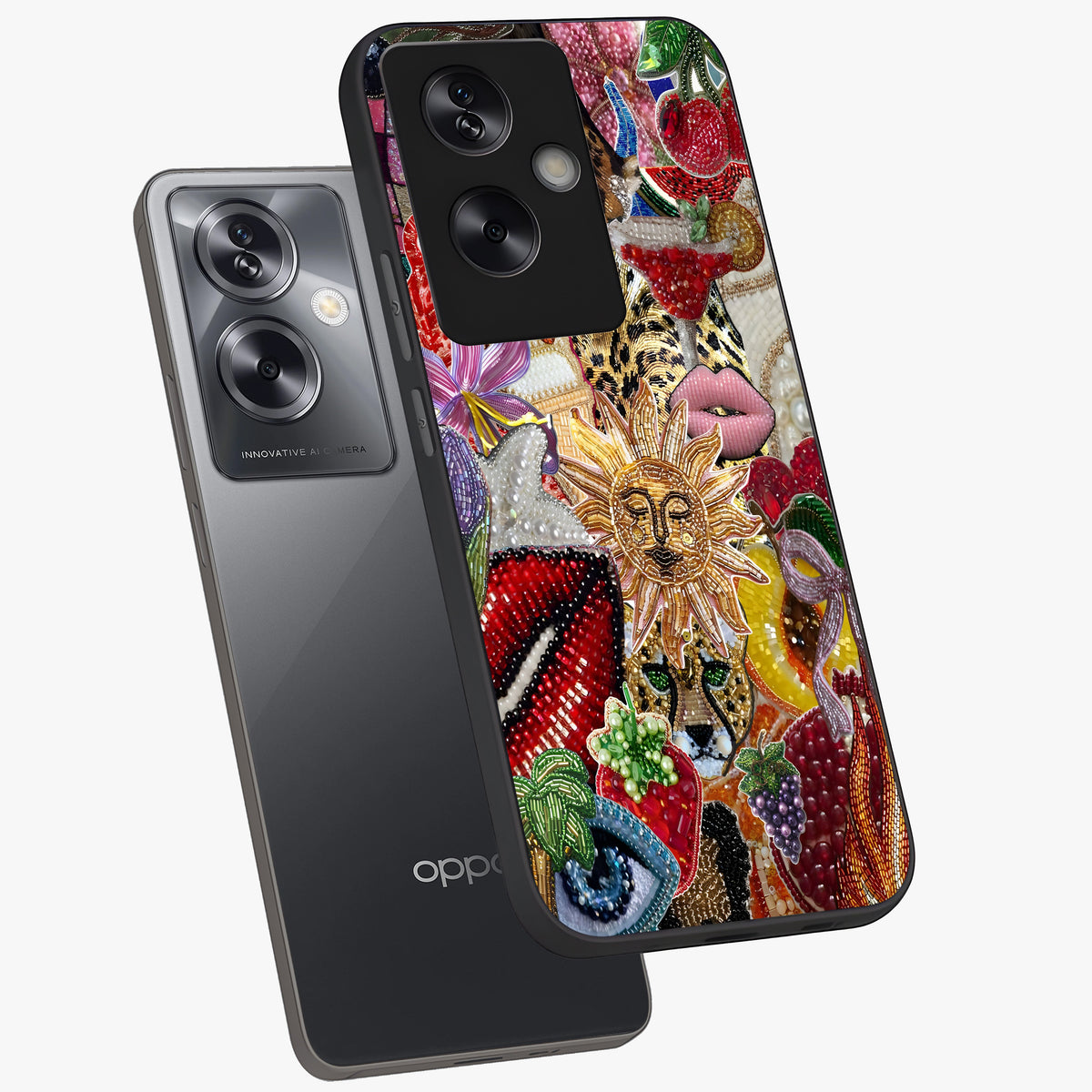 Beaded Fashion Jungle Glass Case displayed in angled mockup highlighting colorful fashion bead design and artistic pattern.