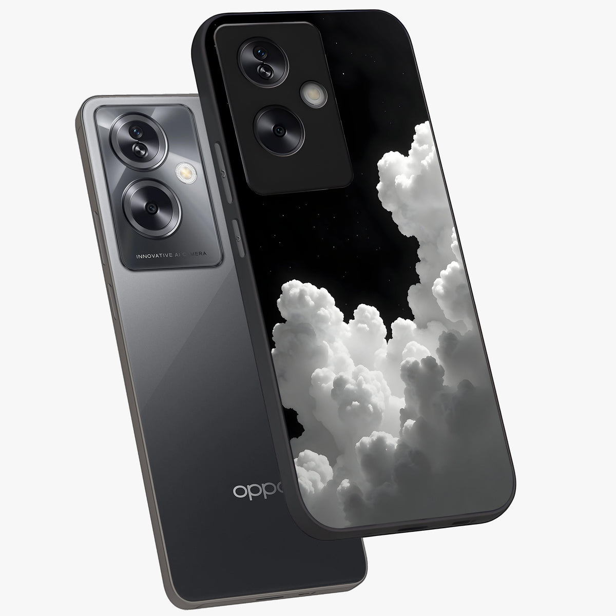 Black Background With White Cloud Glass Case displayed in angled mockup highlighting soft white cloud illustration and minimal design.