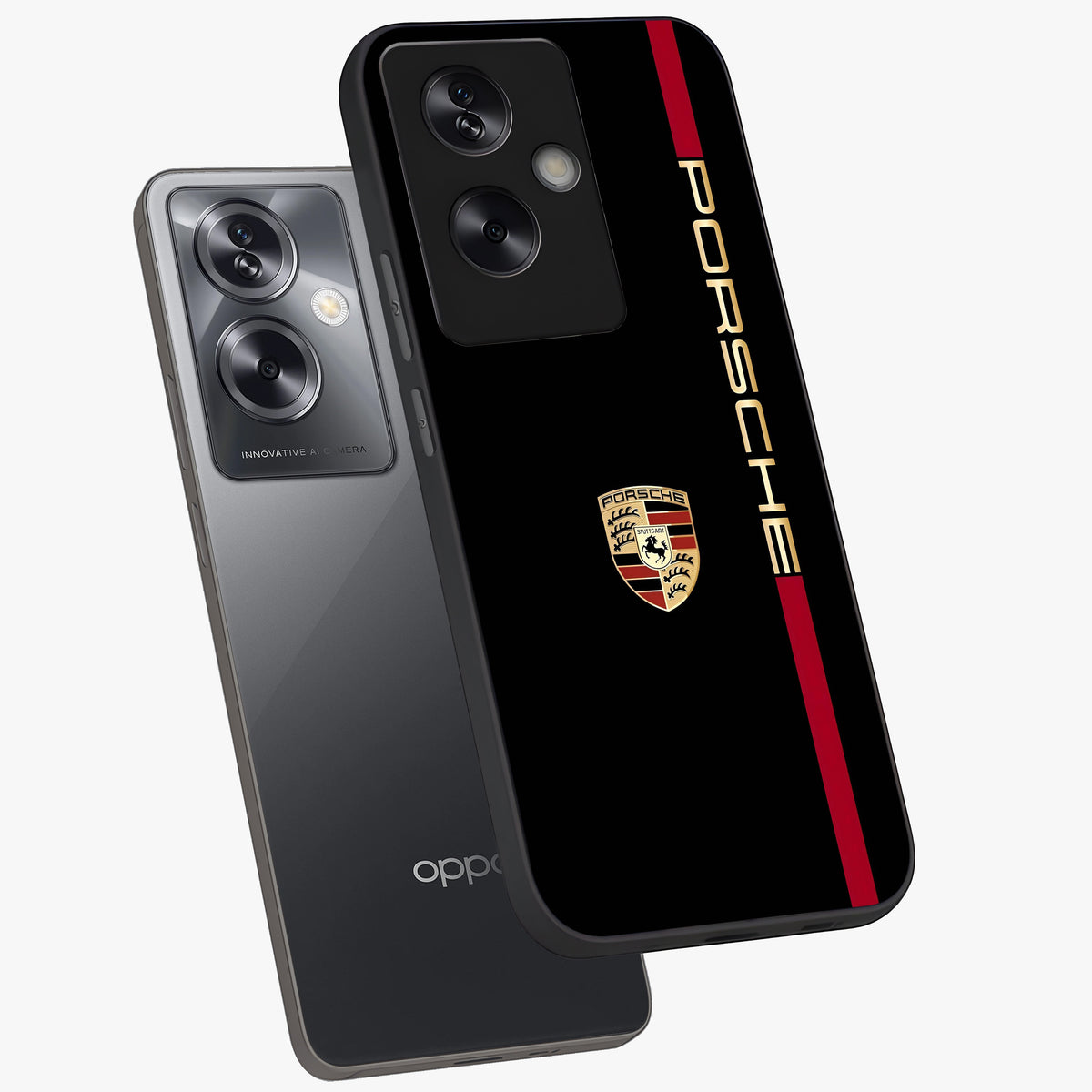 Black Minimal Porsche Glass Case displayed in angled mockup highlighting modern minimal car illustration and clean aesthetic design.