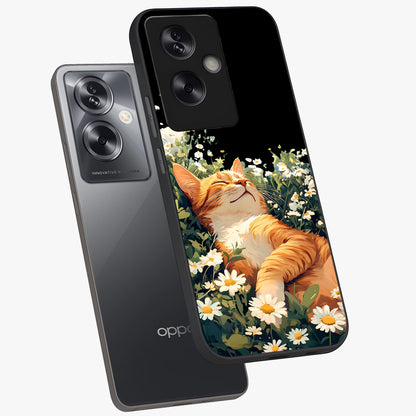 Blissful Bloom Cat Glass Case displayed in angled mockup highlighting playful feline illustration with soft floral aesthetic.