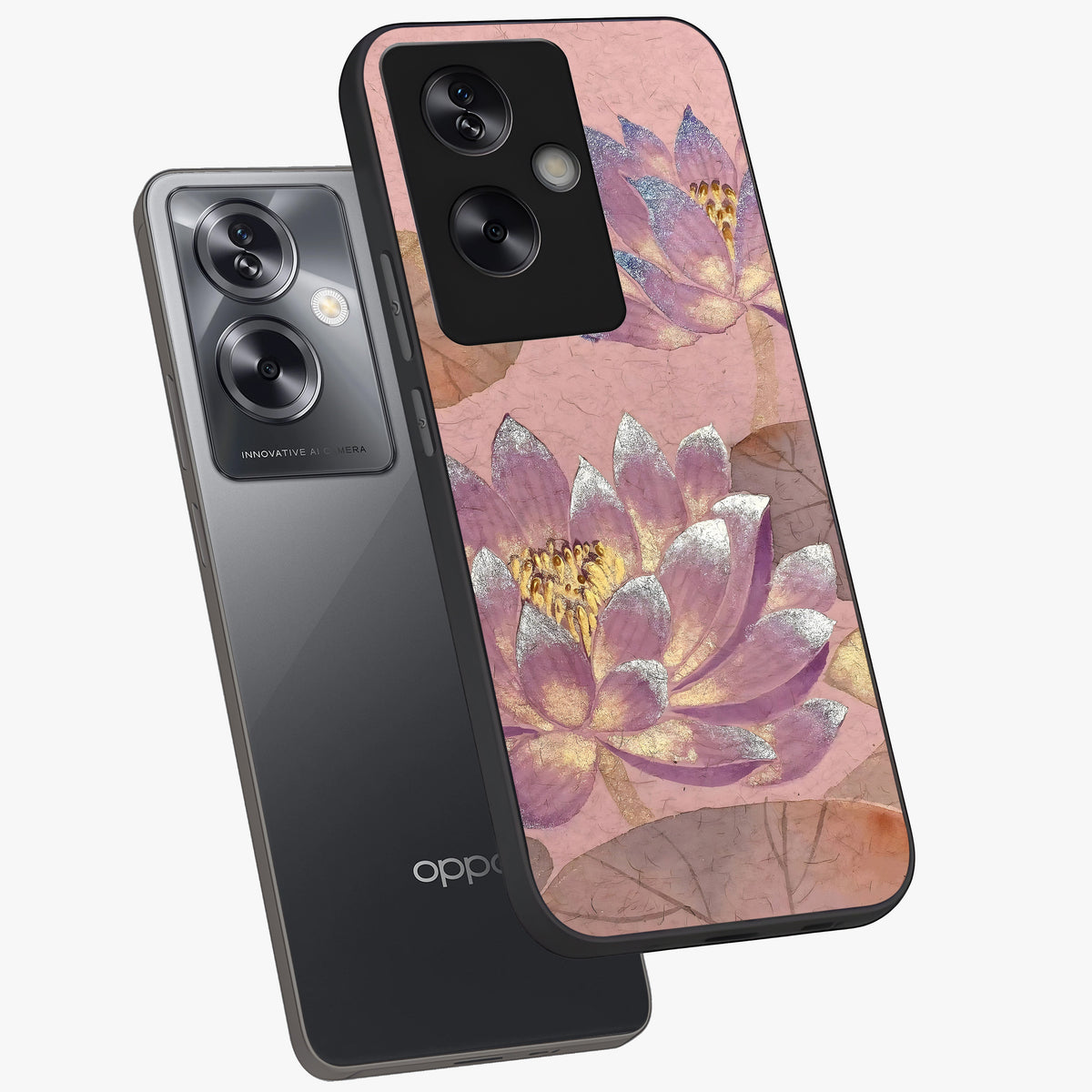 Blossom Mist Lotus Glass Case displayed in angled mockup highlighting delicate lotus illustration with calm aesthetic theme.