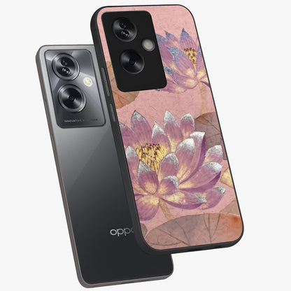 Blossom Mist Lotus Glass Case displayed in angled mockup highlighting delicate lotus illustration with calm aesthetic theme.