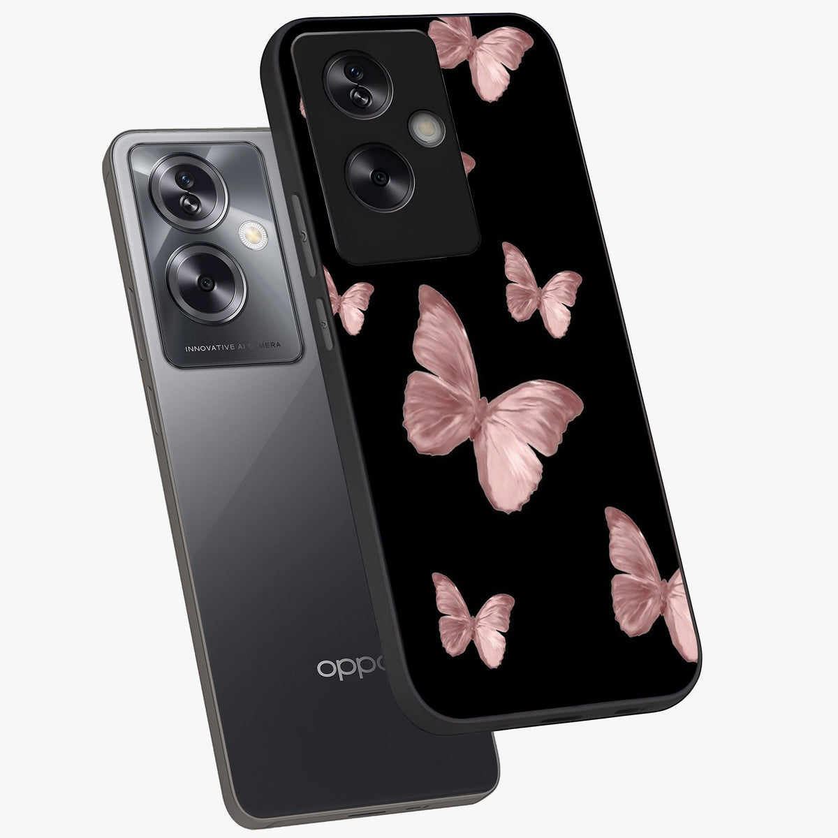 Butterfly Pattern Glass Case displayed in angled mockup highlighting delicate butterfly design and aesthetic pattern style.