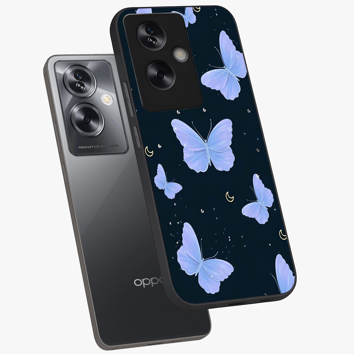 Butterfly With Stars Pattern Glass Case displayed in angled mockup highlighting dreamy butterfly and star design with aesthetic theme.